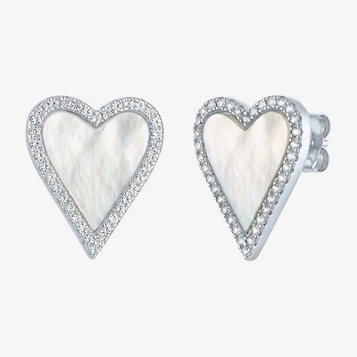 White Mother Of Pearl Sterling Silver 15mm Heart Stud Earrings