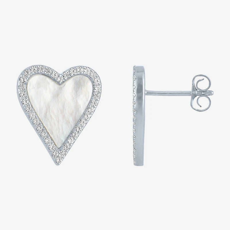 White Mother Of Pearl Sterling Silver 15mm Heart Stud Earrings