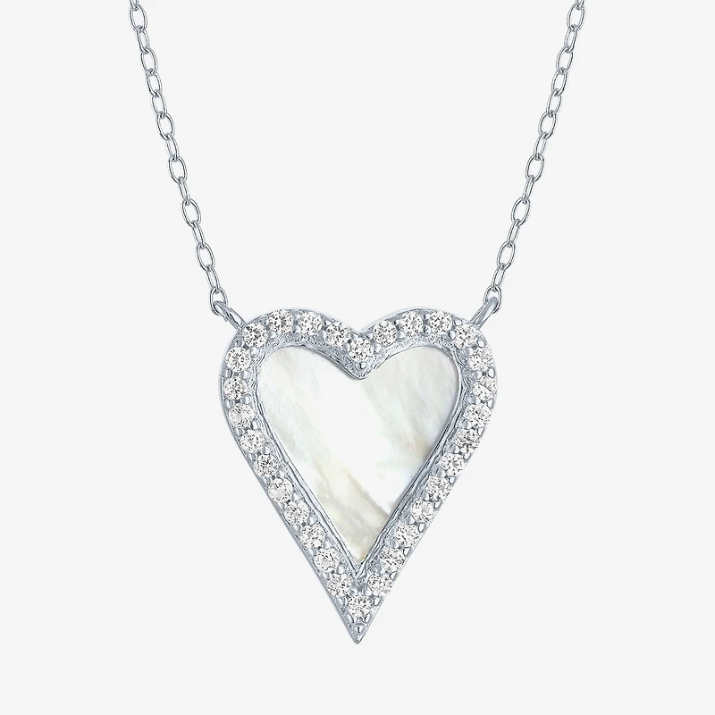 Womens White Mother Of Pearl Sterling Silver Heart Inch Pendant Necklace