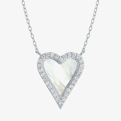 Womens White Mother Of Pearl Sterling Silver Heart Inch Pendant Necklace