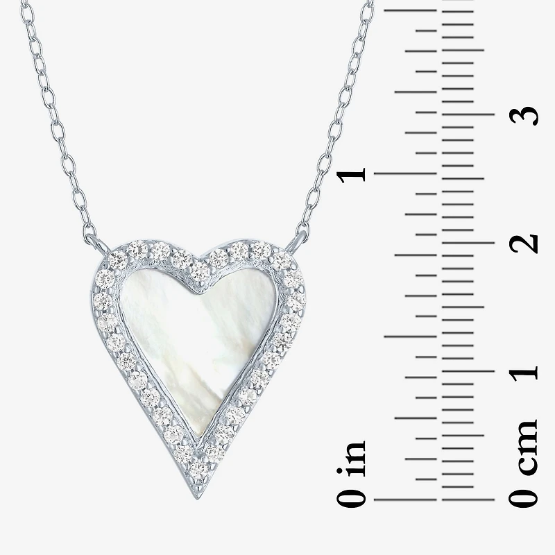 Womens White Mother Of Pearl Sterling Silver Heart Inch Pendant Necklace