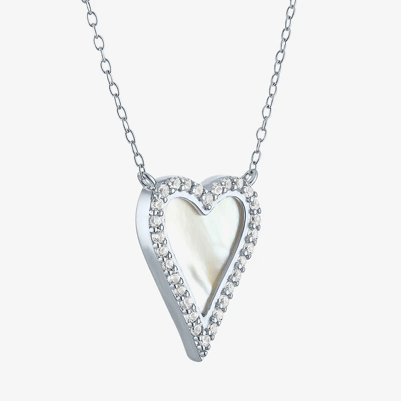 Womens White Mother Of Pearl Sterling Silver Heart Inch Pendant Necklace