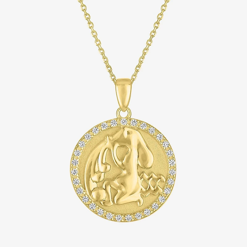 Zodiac Womens Lab Created White Sapphire 14K Gold Over Silver Round Pendant Necklace