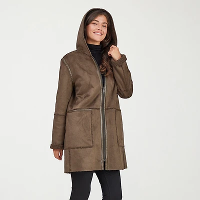 Frye and Co. Womens Faux Leather Hooded Midweight Coat