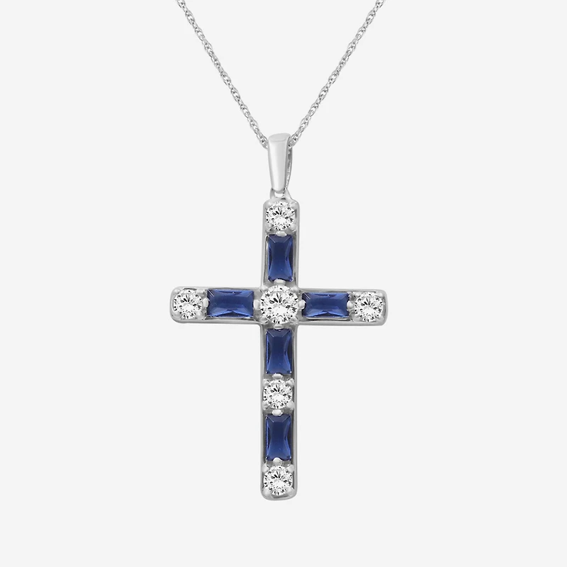 Womens Diamond Accent Lab Created Gemstone 10K White Gold Cross Pendant Necklace
