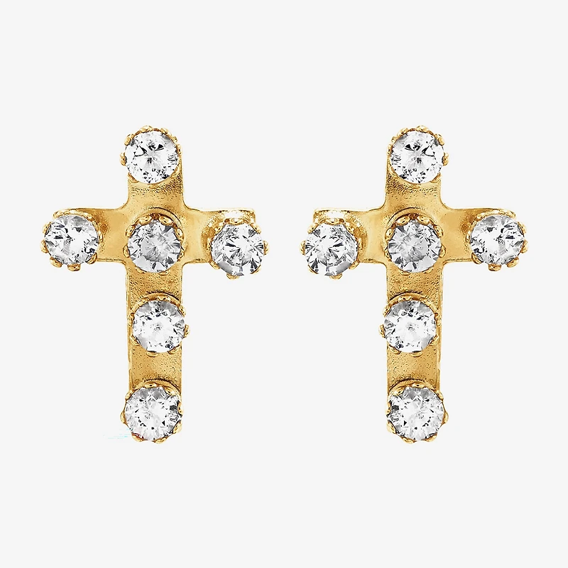 Limited Quantities! White Cubic Zirconia 10K Gold 9.4mm Cross Stud Earrings