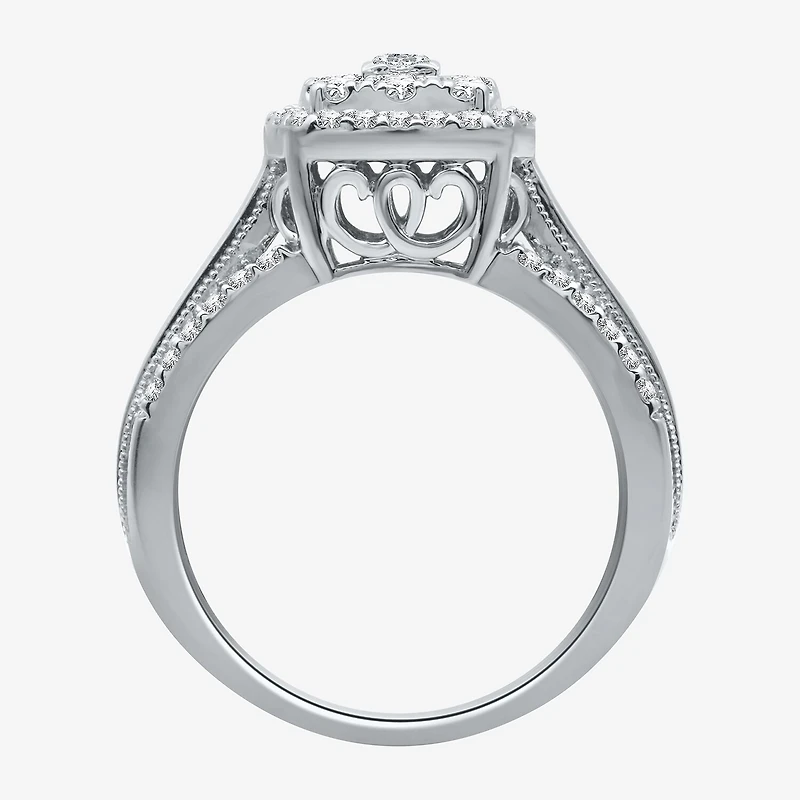 Womens 1 CT.T.W. Natural Diamond 10K Gold Cushion Side Stone Halo Engagement Ring