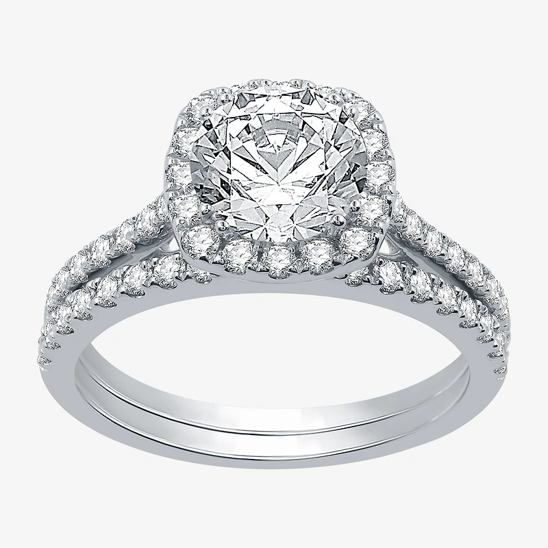 Signature By Modern Bride Womens 2 1/4 CT. T.W. Natural Diamond 14K Gold Cushion Side Stone Halo Bridal Set