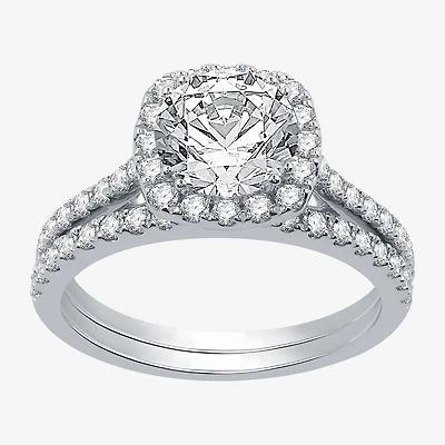 Signature By Modern Bride Womens 2 1/4 CT. T.W. Natural Diamond 14K Gold Cushion Side Stone Halo Bridal Set