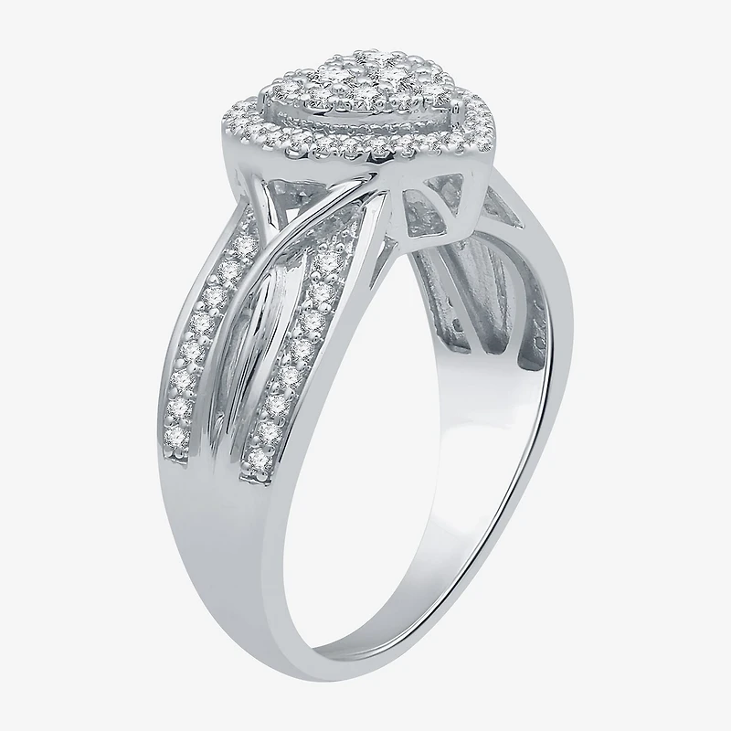 I Said Yes (H-I / I1) Womens 1/2 CT. T.W. Lab Grown White Diamond Sterling Silver Heart Side Stone Halo Engagement Ring