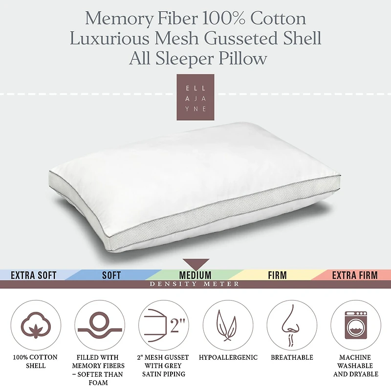 Ella Jayne Medium Density Memory Fiber filled Gussted sleeper pillow with 100% cotton mesh shell for All Sleep Positions