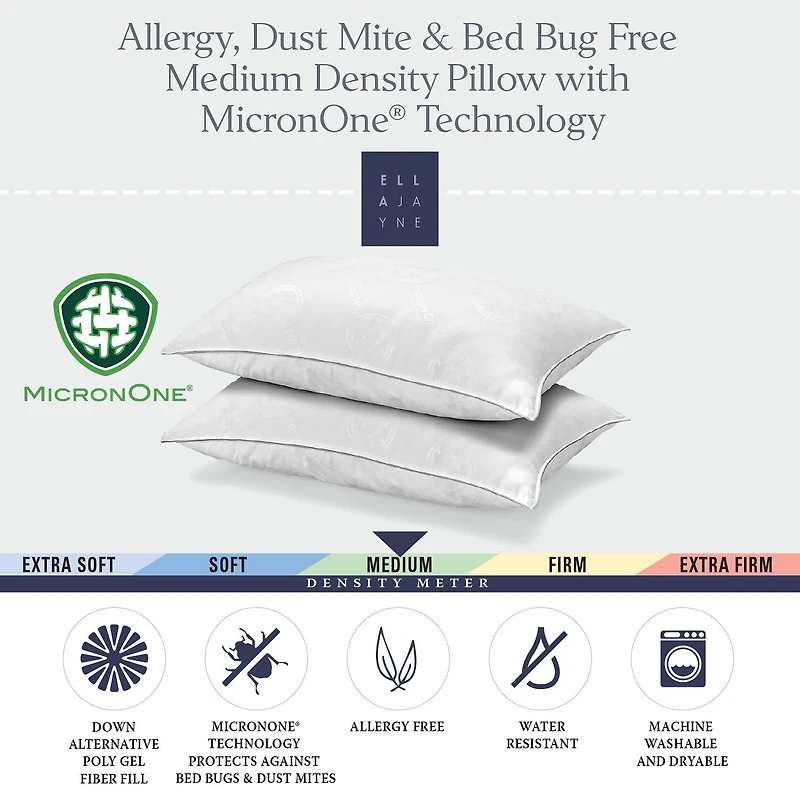 Ella Jayne MicronOne Technology for Allergy Bed Bug and Dust Mite free Down Alternative Pillow Medium Density Set of 2