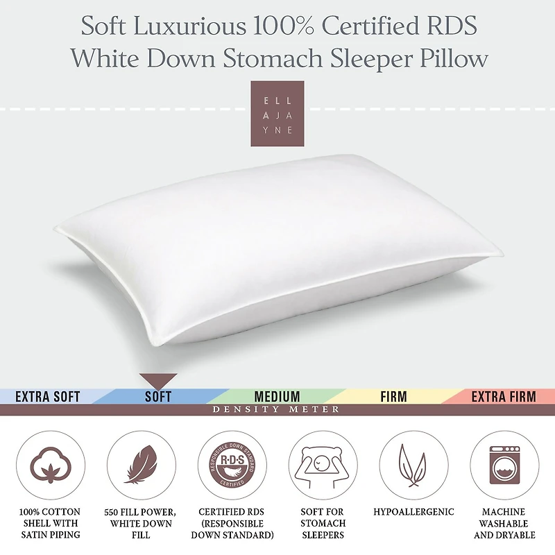 Ella Jayne Soft 100% Certified RDS White Down Stomach Sleeper Pillow