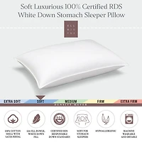 Ella Jayne Soft 100% Certified RDS White Down Stomach Sleeper Pillow