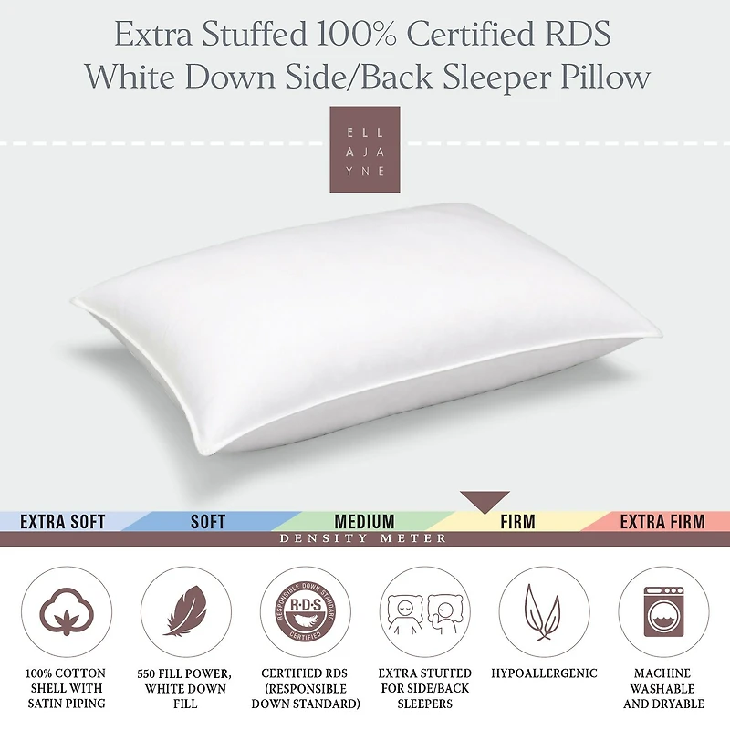 Ella Jayne Extra Stuffed 100% Certified RDS White Down Firm Side/Back Sleeper Pillow