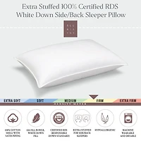 Ella Jayne Extra Stuffed 100% Certified RDS White Down Firm Side/Back Sleeper Pillow
