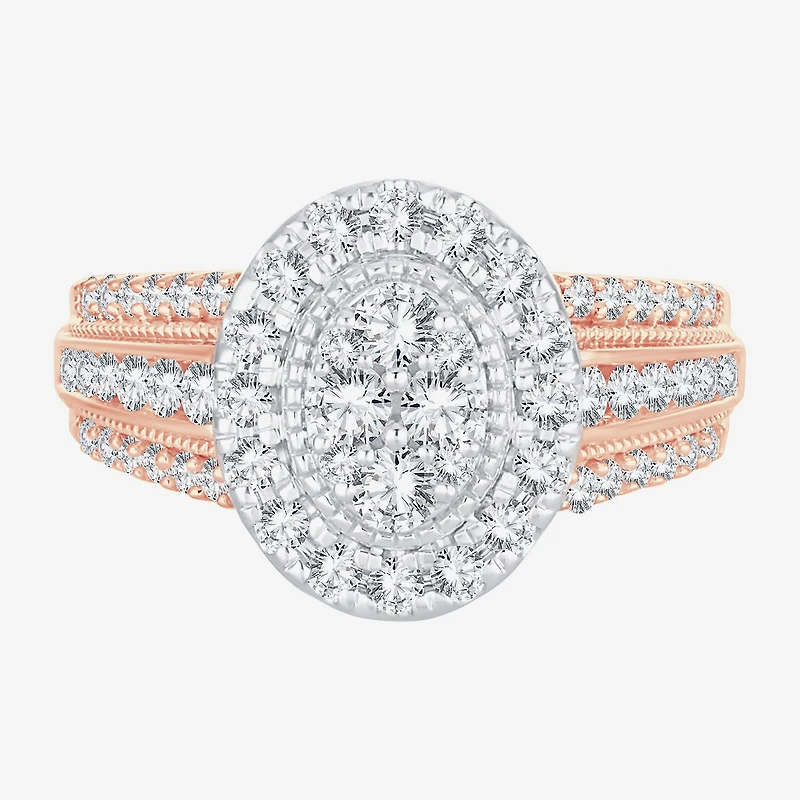 Womens 1 CT. T.W. Natural White Diamond 10K Gold Oval Halo Engagement Ring