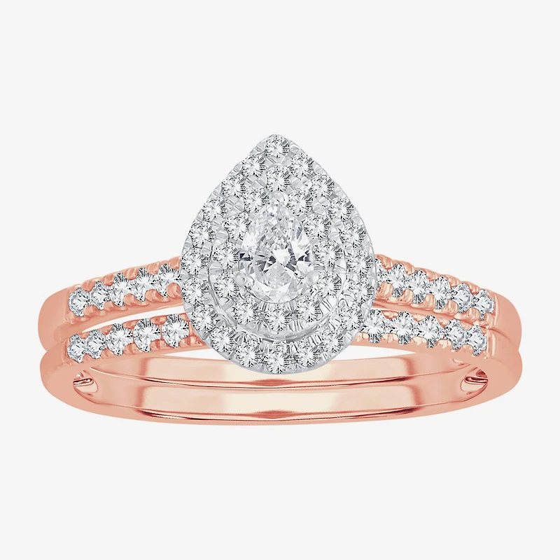 Womens 1/2 CT.T.W. Natural Diamond 10K or 14K Rose Gold Pear Halo Bridal Set