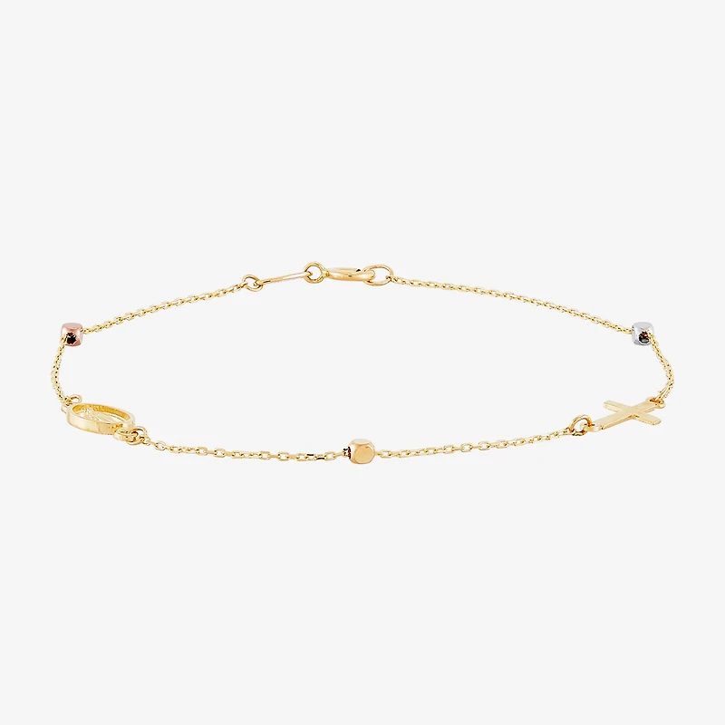 Miraculous Medal Womens 14K Tri-Color Gold Cross 7.25 Inch Link Bracelet