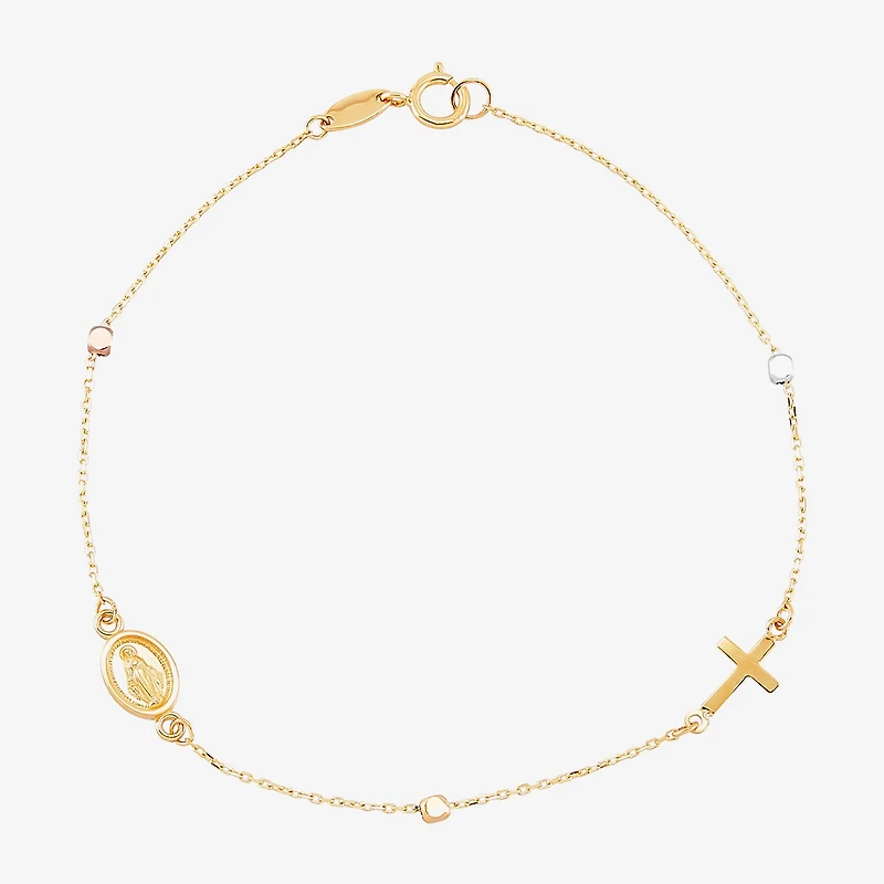 Miraculous Medal Womens 14K Tri-Color Gold Cross 7.25 Inch Link Bracelet