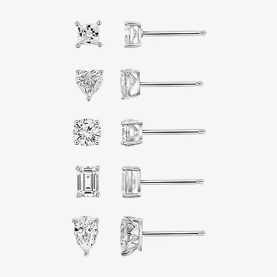 Diamonart Womens Cubic Zirconia Sterling Silver Heart Pear Round 5 Pair Earring Set