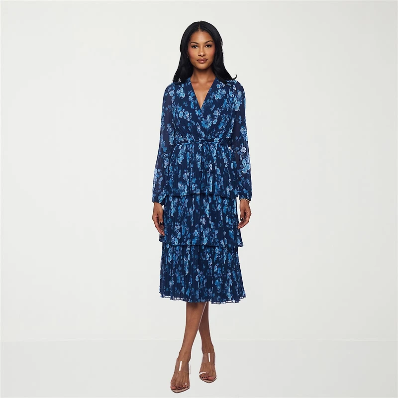 Premier Amour Womens Midi V Neck Long Sleeve Puffed Floral Fit + Flare Dress