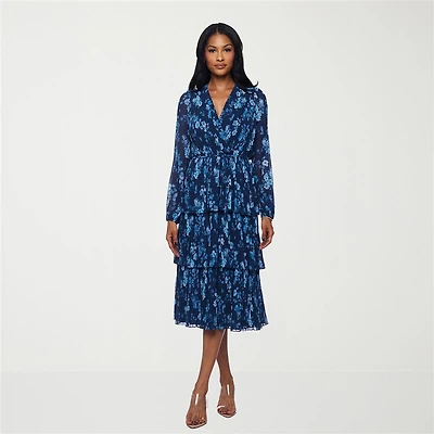 Premier Amour Womens Midi V Neck Long Sleeve Puffed Floral Fit + Flare Dress