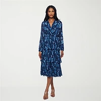 Premier Amour Womens Midi V Neck Long Sleeve Puffed Floral Fit + Flare Dress
