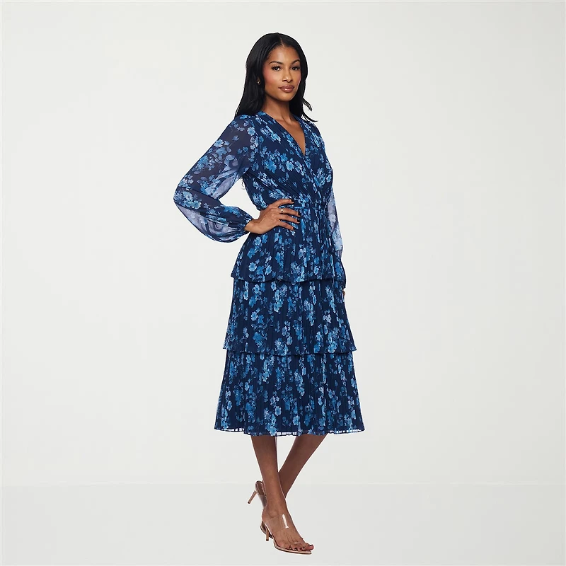 Premier Amour Womens Midi V Neck Long Sleeve Puffed Floral Fit + Flare Dress
