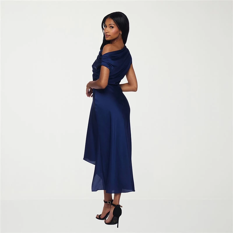 Premier Amour Womens Midi Straight Neck Sleeveless Off the Shoulder Fit + Flare Dress