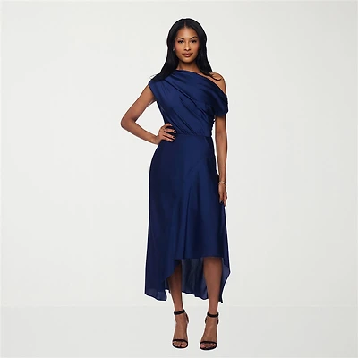 Premier Amour Womens Midi Straight Neck Sleeveless Off the Shoulder Fit + Flare Dress