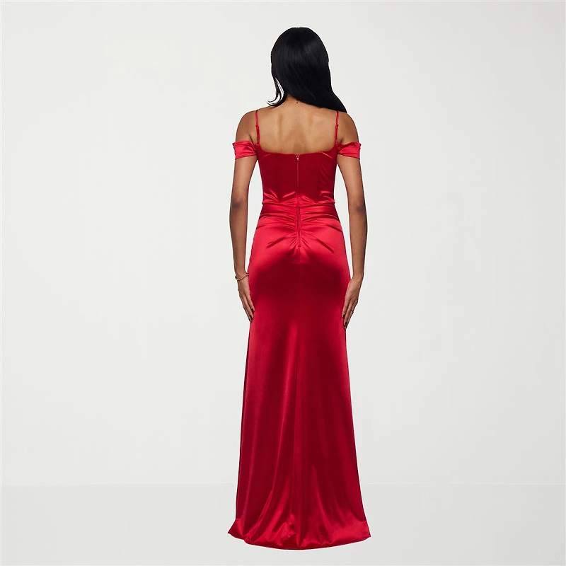 B. Smart Womens Juniors Sweetheart Neck Sleeveless Off the Shoulder Satin Bodycon Dress