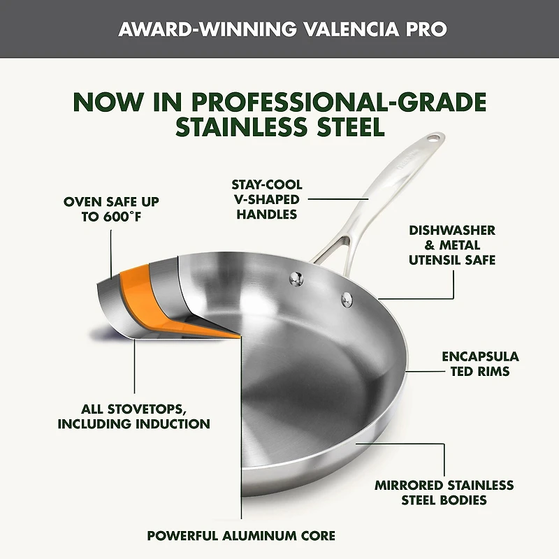 GreenPan Valencia Pro Stainless Steel Uncoated 2-Piece Frypan Set