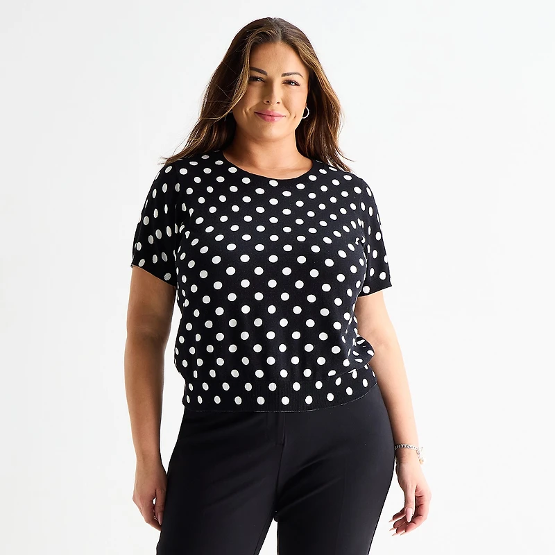 Liz Claiborne Plus Womens Crew Neck Short Sleeve Dots Pullover Sweater