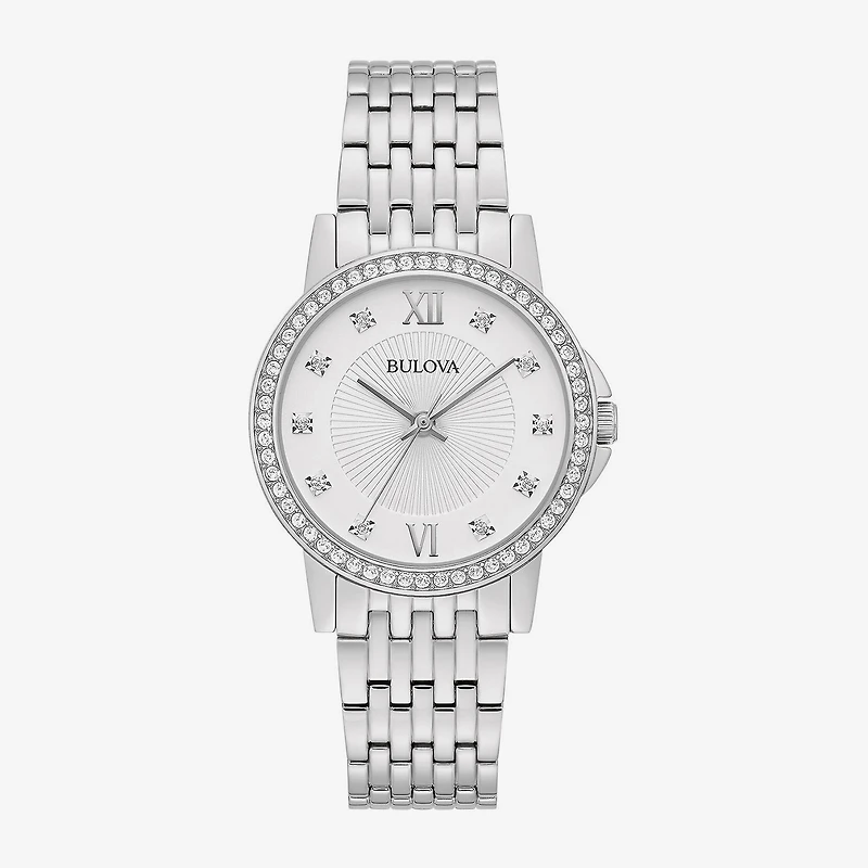Bulova Crystal Womens Crystal Accent Silver Tone Stainless Steel Bracelet Watch 96l297