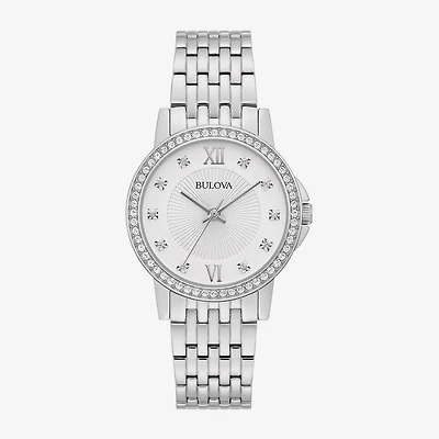 Bulova Crystal Womens Crystal Accent Silver Tone Stainless Steel Bracelet Watch 96l297