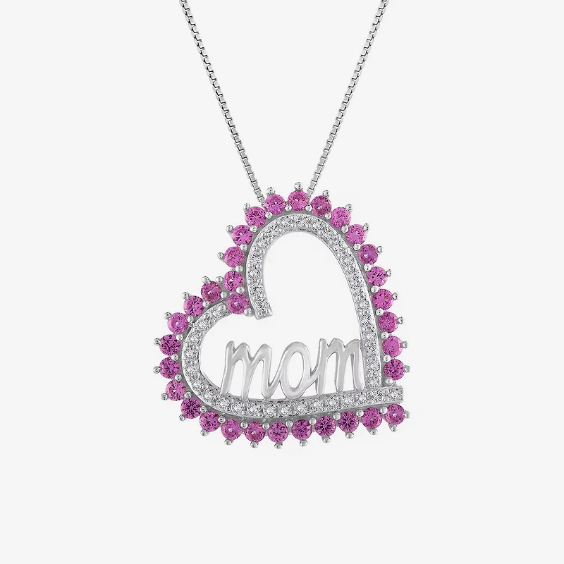 Mom" Womens Lab Created Pink Sapphire Sterling Silver Heart 18 Inch Pendant Necklace