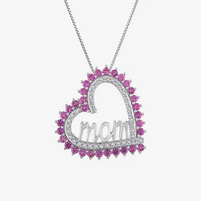 Mom" Womens Lab Created Pink Sapphire Sterling Silver Heart 18 Inch Pendant Necklace