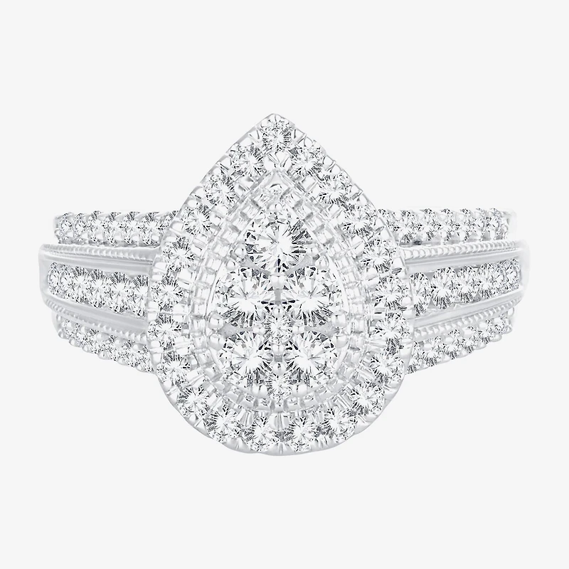 Womens 1 CT.T.W. Natural Diamond 10K or 14K White Gold Pear Side Stone Halo Engagement Ring