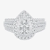 Womens 1 CT.T.W. Natural Diamond 10K or 14K White Gold Pear Side Stone Halo Engagement Ring