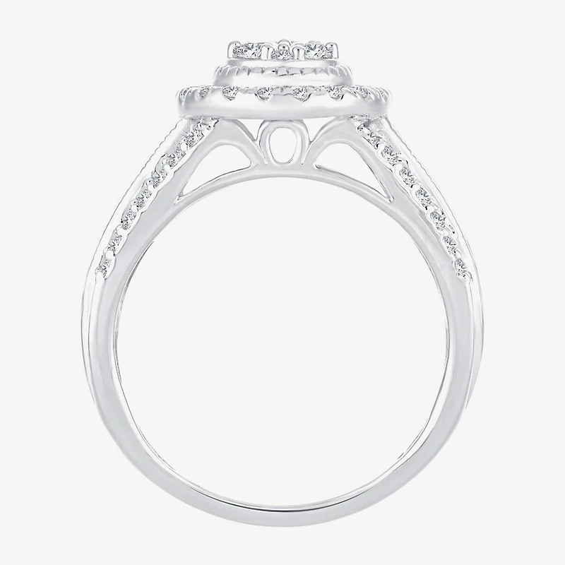Womens 1 CT.T.W. Natural Diamond 10K or 14K White Gold Pear Side Stone Halo Engagement Ring