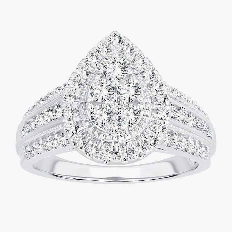 Womens 1 CT.T.W. Natural Diamond 10K or 14K White Gold Pear Side Stone Halo Engagement Ring