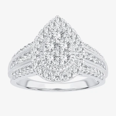 Womens 1 CT.T.W. Natural Diamond 10K or 14K White Gold Pear Side Stone Halo Engagement Ring