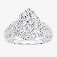Womens 1 CT.T.W. Natural Diamond 10K or 14K White Gold Pear Side Stone Halo Engagement Ring