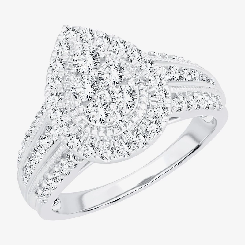 Womens 1 CT.T.W. Natural Diamond 10K or 14K White Gold Pear Side Stone Halo Engagement Ring