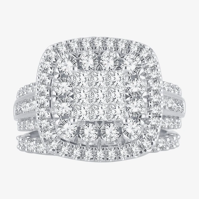 Womens 2 CT.T.W. Natural Diamond 10K or 14K White Gold Cushion Halo Bridal Set