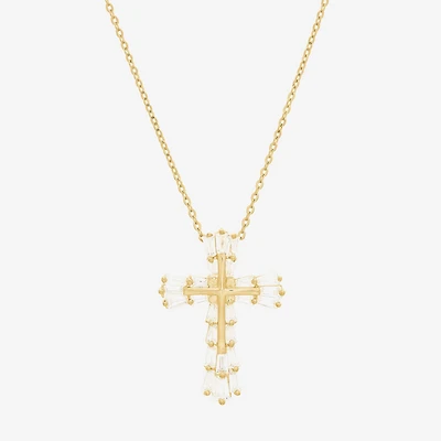DiamonArt® Womens White Cubic Zirconia 14K Gold Over Silver Cross Pendant Necklace