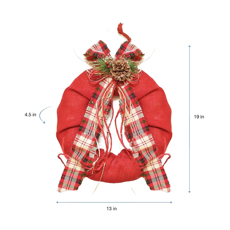 Red Plaid Bow and Pine Accents Artificial Christmas Wreath - 13-Inch Unlit