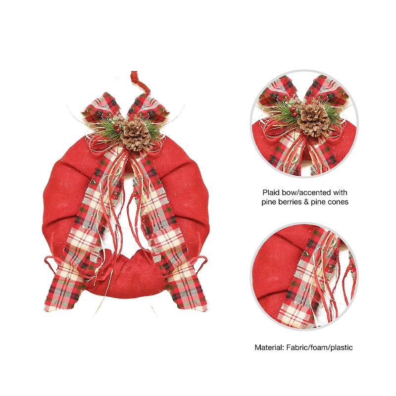 Red Plaid Bow and Pine Accents Artificial Christmas Wreath - 13-Inch Unlit