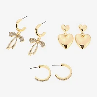 Bijoux Bar Gold Tone Womens Glass Bow Heart 3 Pair Earring Set